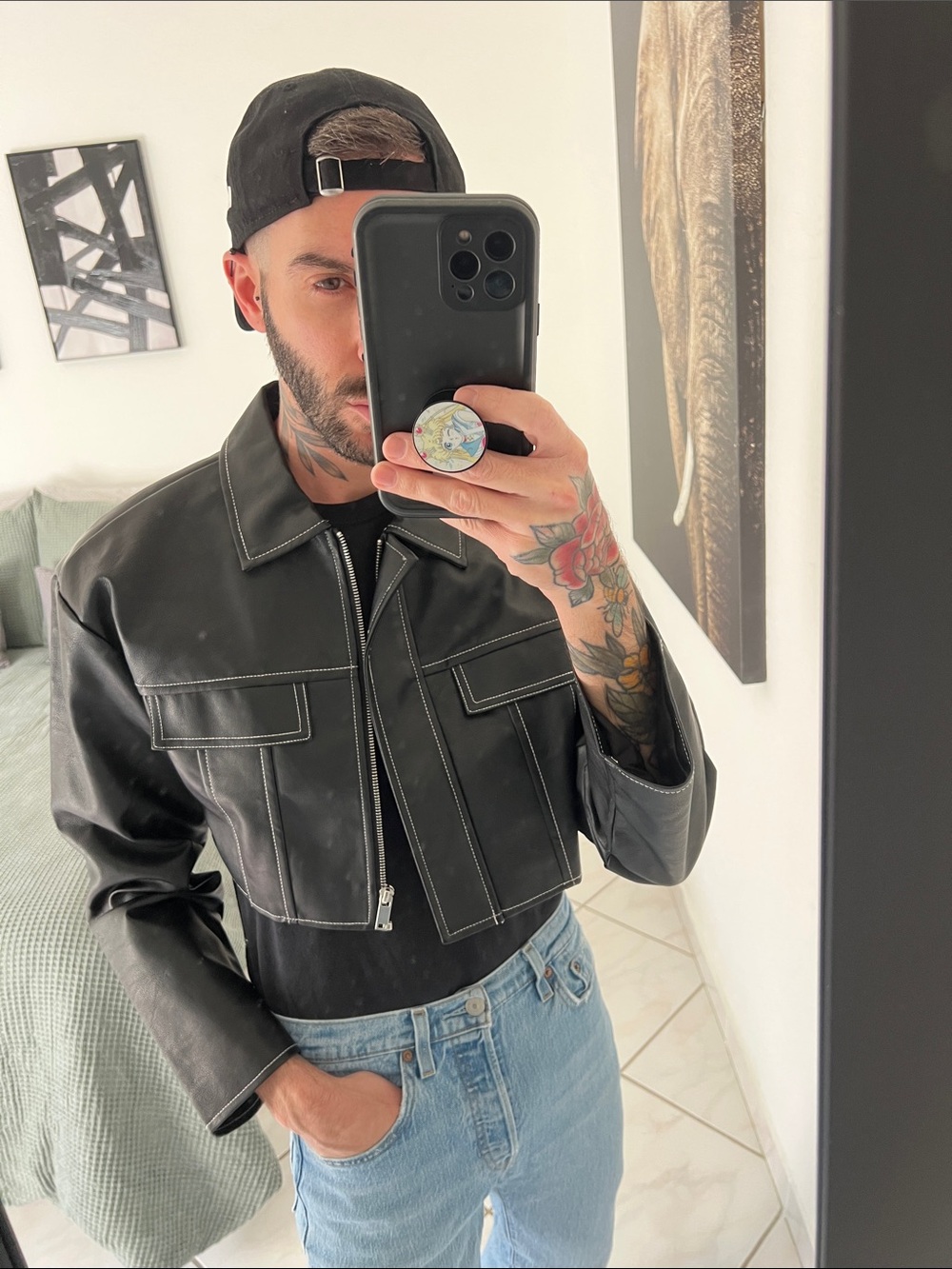 Forever 21 Black Cropped Bomber Jacket with Contrast Stitching